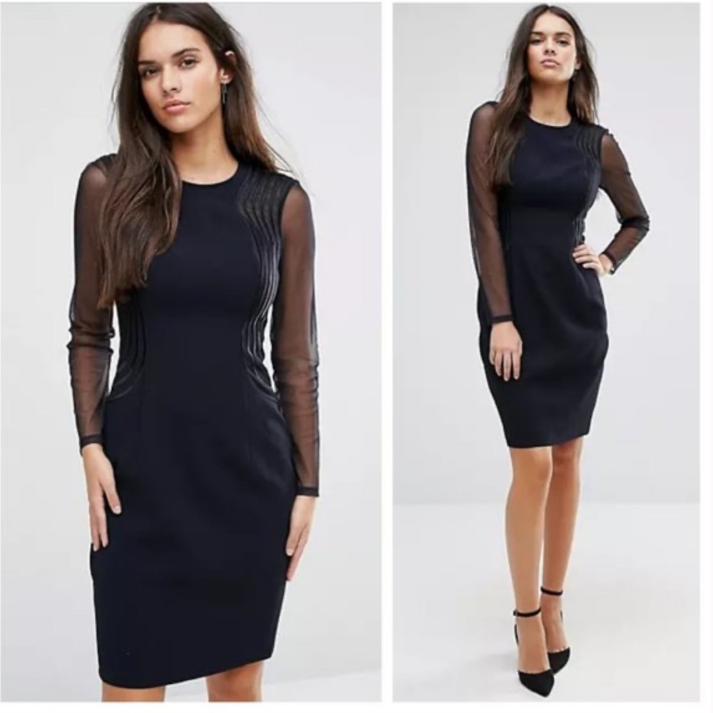 REISS Swirl Mesh Embroidered Long Sleeve Dress